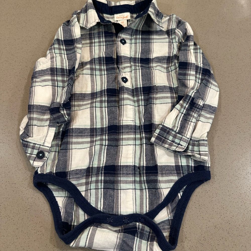 Cat & Jack baby boy long sleeve button down plaid onesie size 18 months